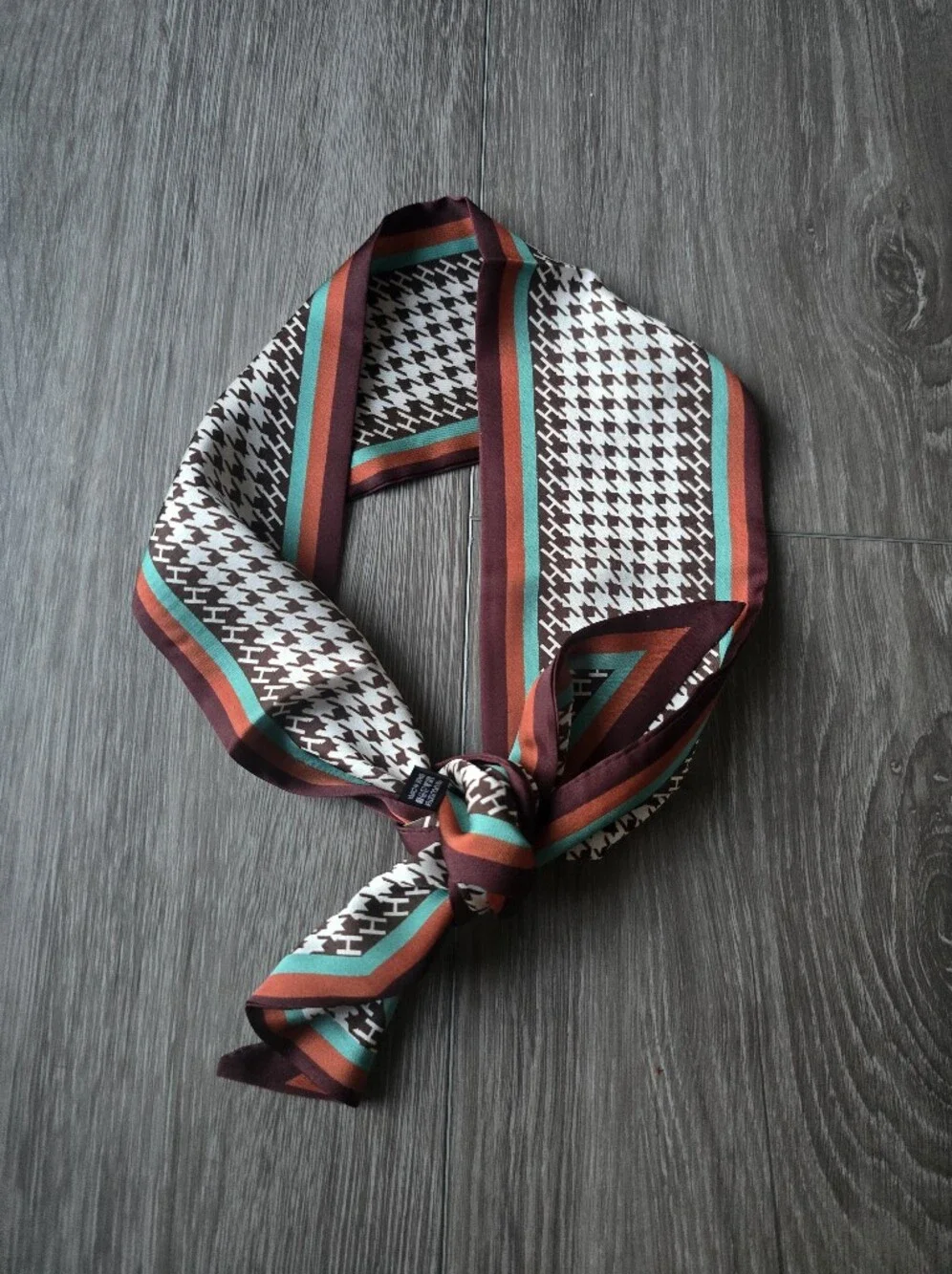 Skinny Silky Twilly Scarf Houndstooth Brown Teal Rust Neck Hair Bag Ribbon Wrap